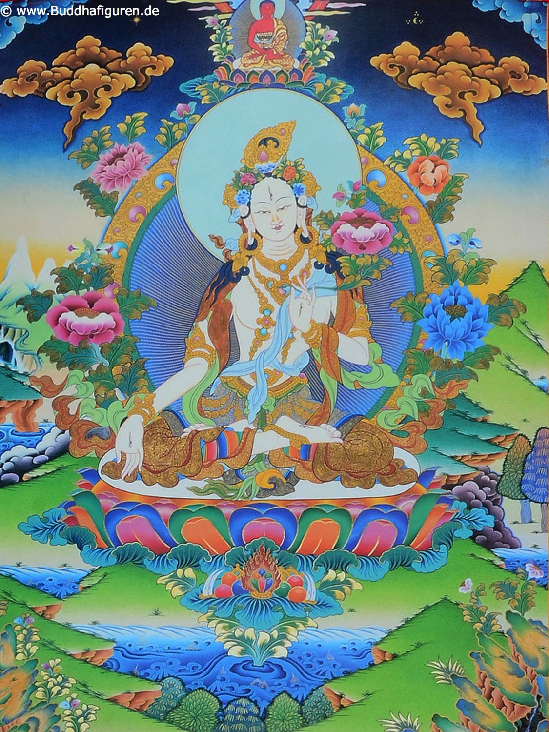 Thangka Weiße Tara Repro Kunstdruck im tibetischen Brokatrahmen